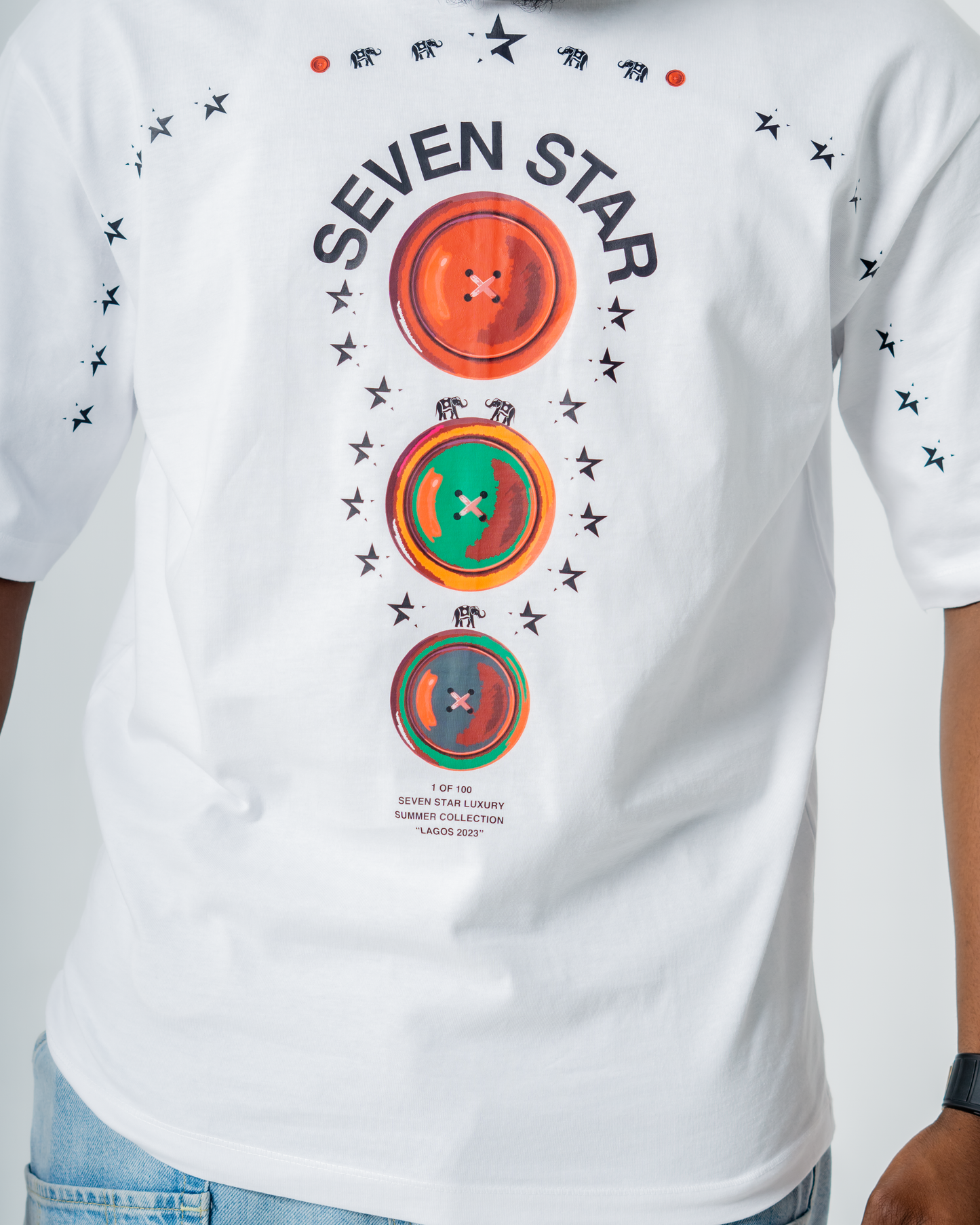 TSHIRT WITH BUTTON & STARS BURST DOWN DESIGN